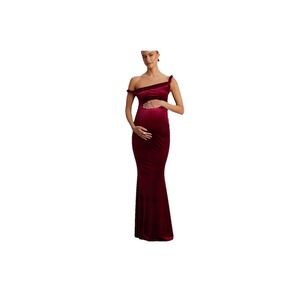 Burgundy Velvet Asymmetric-Neck Maternity Size 12 Maxi Dress With Twist-Sleeve